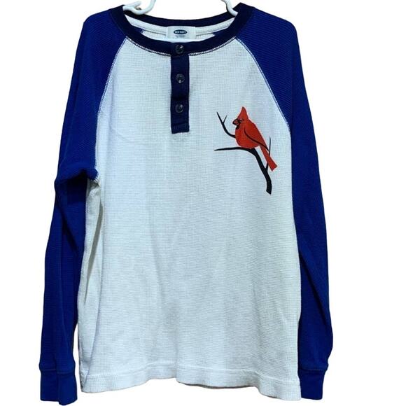 Hand Printed Upcycled Child Medium Red Cardinal Bird Long Sleeve Henley Top - Picture 1 of 3